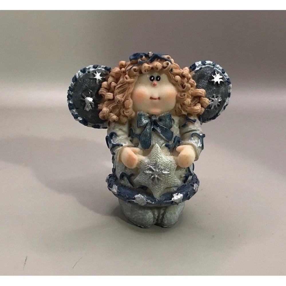 Angel‎ Figurine Holding A Star 3.5" Curly Blonde Hair Blue Wings Christmas